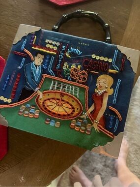 Bueno Embroidered Casino Scene Handbag in Blue, Green & Orange